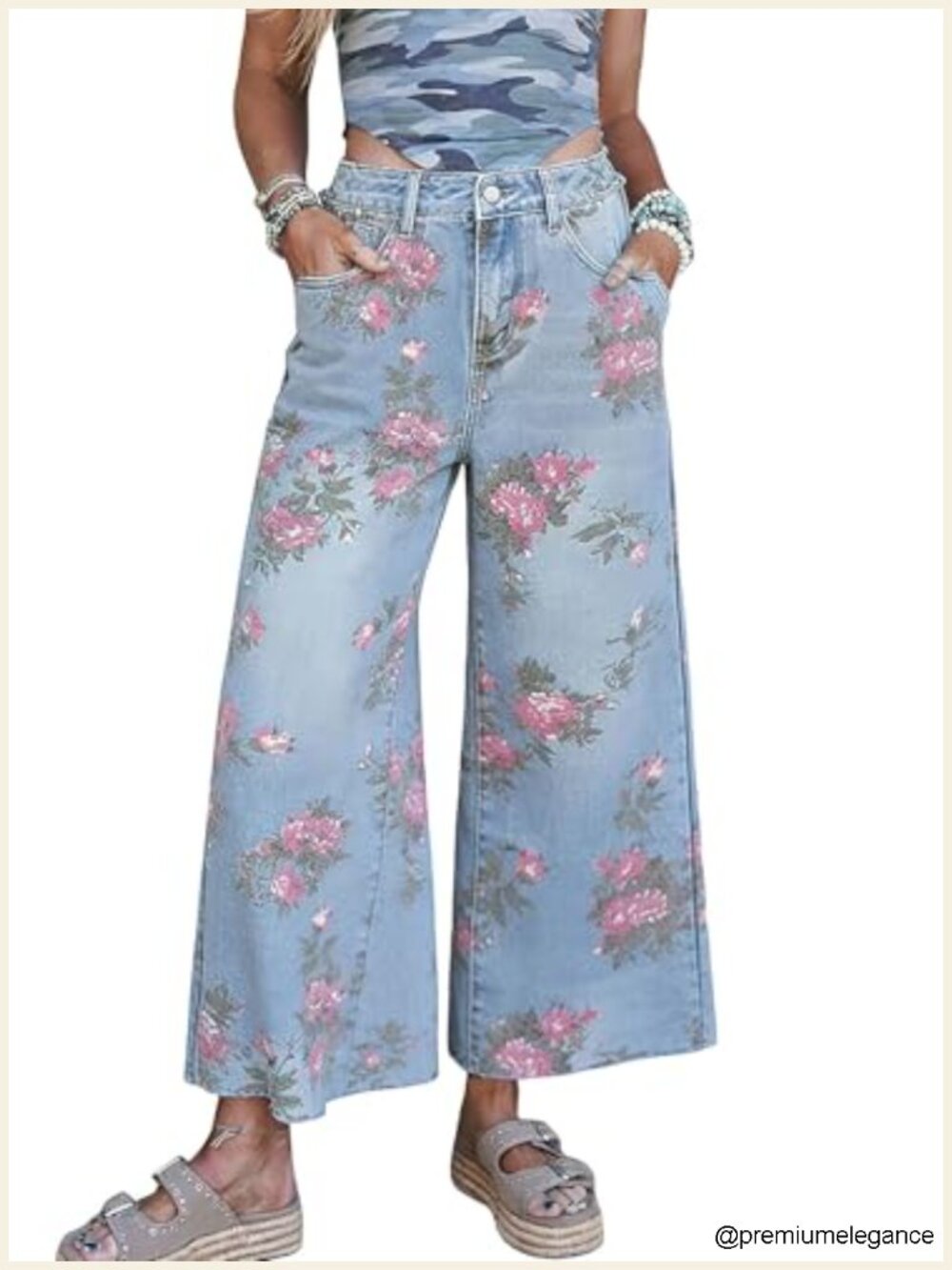 Floral Pattern Wide Leg Mid Rise Cropped Denim Jeans Y2K Stretchy
